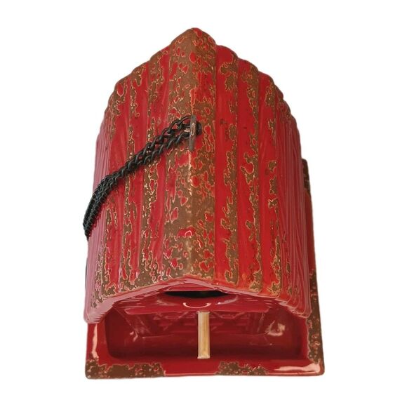 Ceramic Red Barn Bird Feeder With Hanging Chain & Perch Stick 8 "x 6" x 6" - Picture 7 of 14